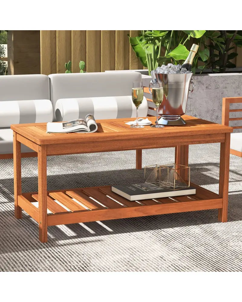 2-Tier Patio Coffee Table with Slatted Tabletop and Shelf - Natural - Patio Coffee Tables
