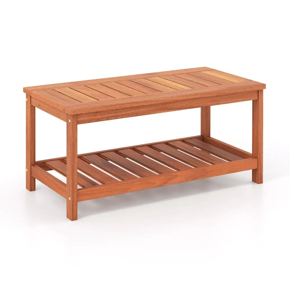 2-Tier Patio Coffee Table with Slatted Tabletop and Shelf - Natural - Patio Coffee Tables