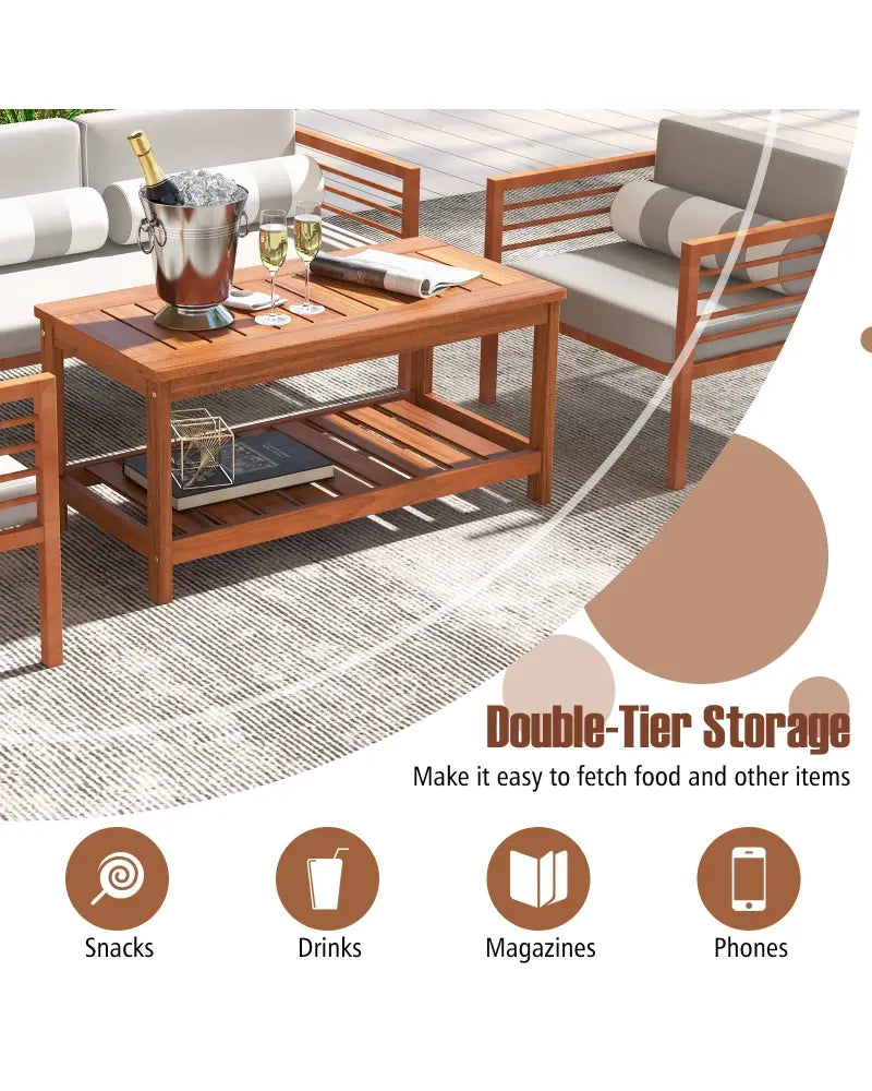 2-Tier Patio Coffee Table with Slatted Tabletop and Shelf - Natural - Patio Coffee Tables