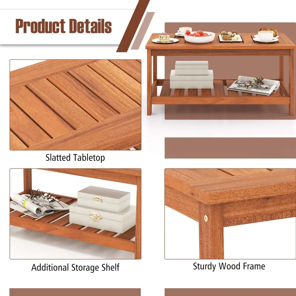 2-Tier Patio Coffee Table with Slatted Tabletop and Shelf - Natural - Patio Coffee Tables