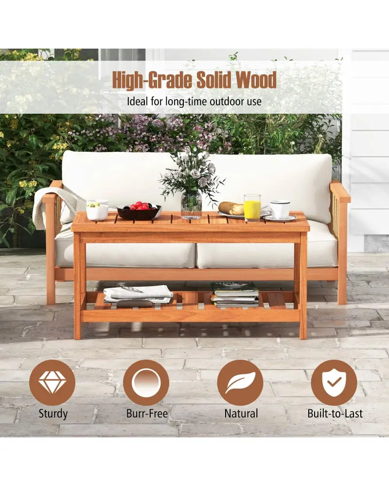 2-Tier Patio Coffee Table with Slatted Tabletop and Shelf - Natural - Patio Coffee Tables