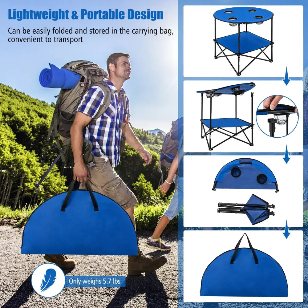 2-Tier Portable Picnic Table with Carrying Bag and 4 Cup Holders-Blue - Blue - Camping Furniture