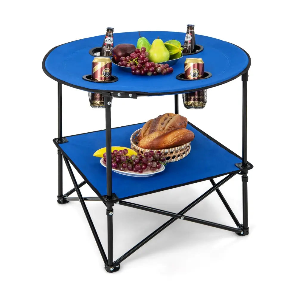 2-Tier Portable Picnic Table with Carrying Bag and 4 Cup Holders-Blue - Blue - Camping Furniture