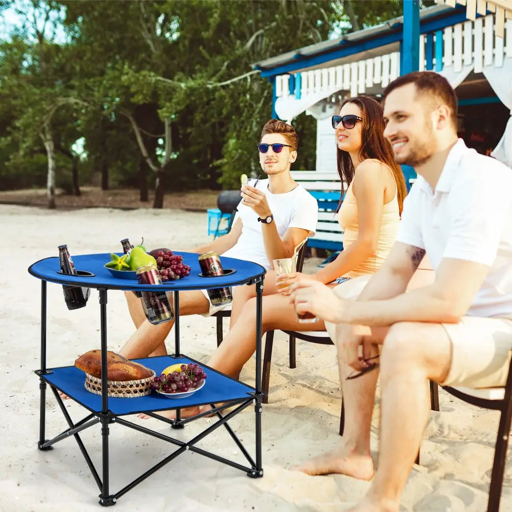 2-Tier Portable Picnic Table with Carrying Bag and 4 Cup Holders-Blue - Blue - Camping Furniture
