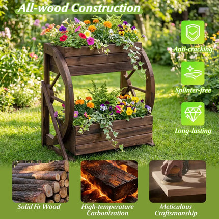 2-tier Raised Garden Bed Rustic Wood Wagon Planter with Drainage Holes and Semi-wheels-Coffee - Coffee - Raised Garden