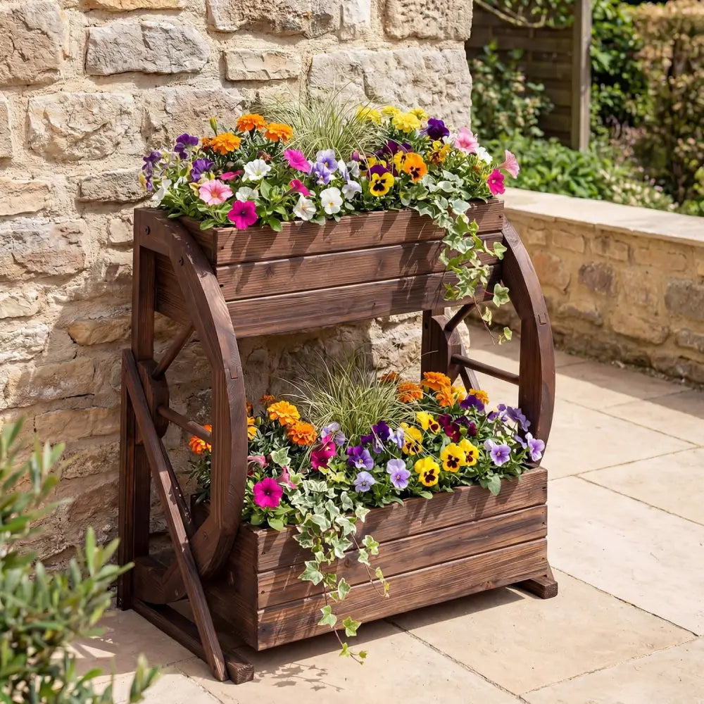 2-tier Raised Garden Bed Rustic Wood Wagon Planter with Drainage Holes and Semi-wheels-Coffee - Coffee - Raised Garden