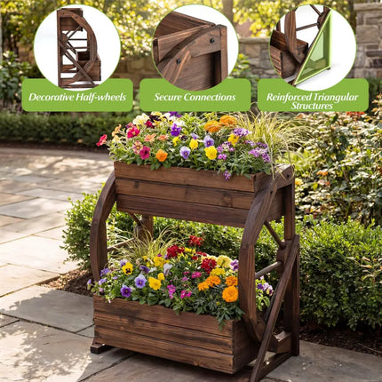 2-tier Raised Garden Bed Rustic Wood Wagon Planter with Drainage Holes and Semi-wheels-Coffee - Coffee - Raised Garden