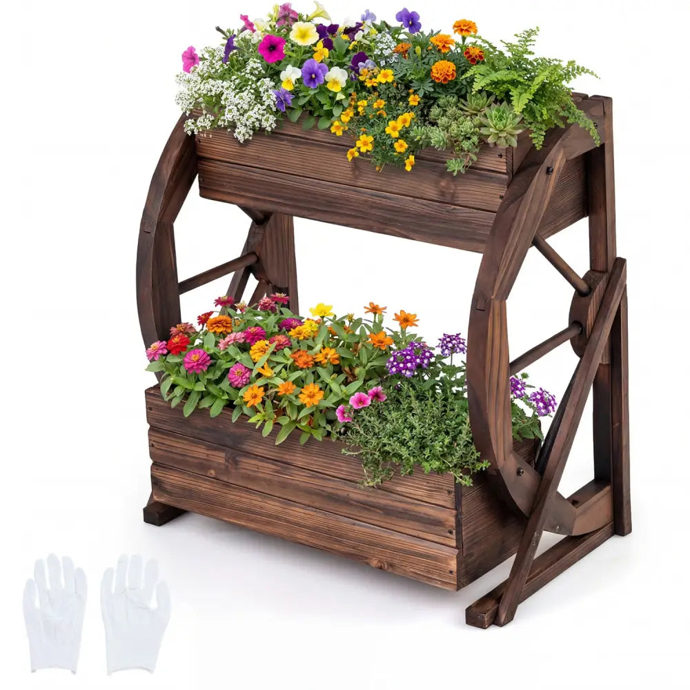 2-tier Raised Garden Bed Rustic Wood Wagon Planter with Drainage Holes and Semi-wheels-Coffee - Coffee - Raised Garden