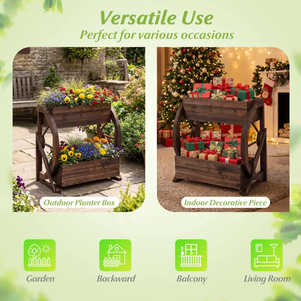 2-tier Raised Garden Bed Rustic Wood Wagon Planter with Drainage Holes and Semi-wheels-Coffee - Coffee - Raised Garden