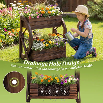 2-tier Raised Garden Bed Rustic Wood Wagon Planter with Drainage Holes and Semi-wheels-Coffee - Coffee - Raised Garden