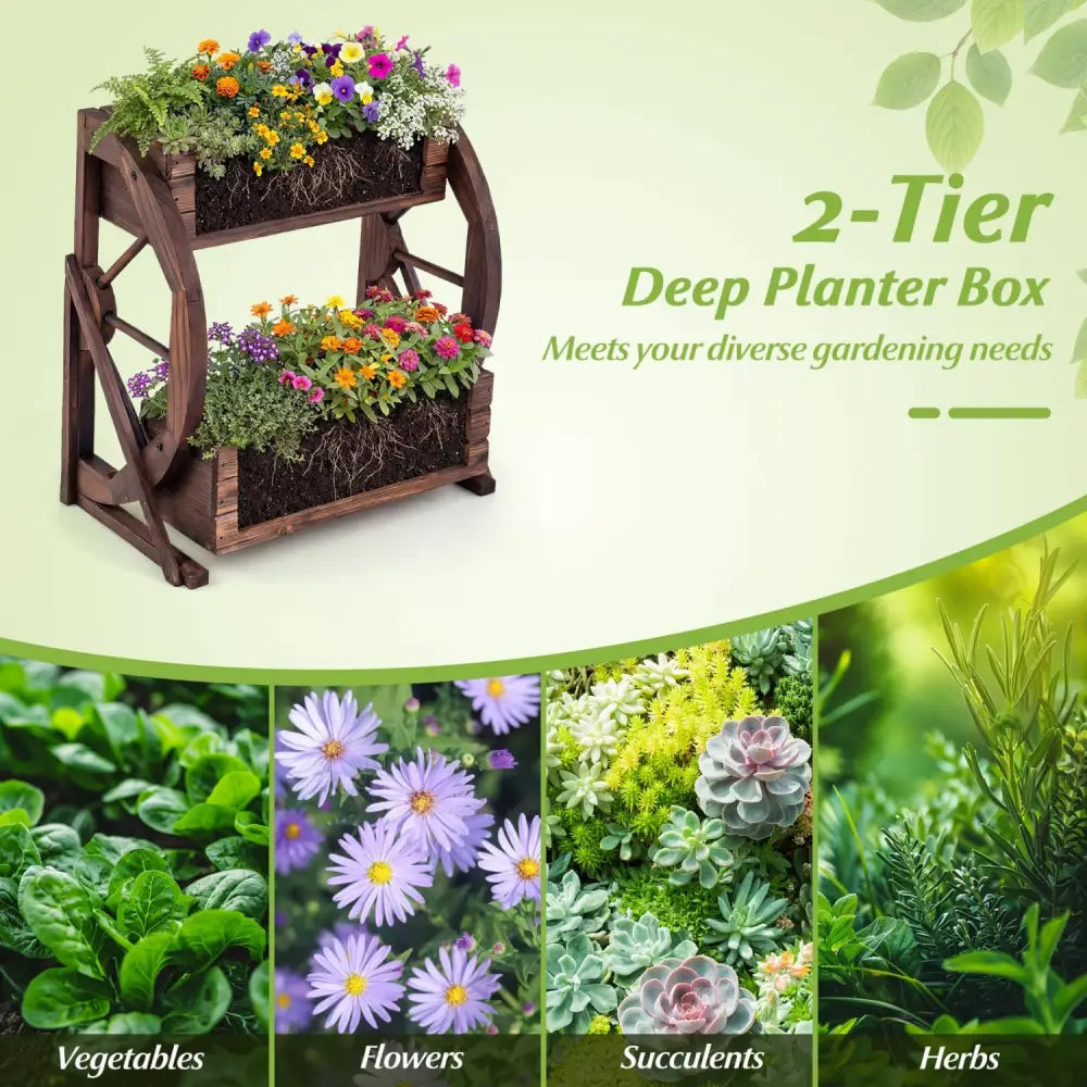 2-tier Raised Garden Bed Rustic Wood Wagon Planter with Drainage Holes and Semi-wheels-Coffee - Coffee - Raised Garden