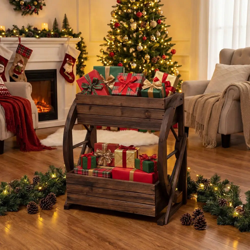 2-tier Raised Garden Bed Rustic Wood Wagon Planter with Drainage Holes and Semi-wheels-Coffee - Coffee - Raised Garden