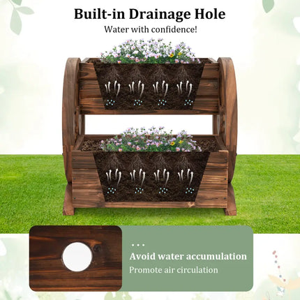 2-Tier Raised Garden Bed Rustic Wood Wagon Shape with Drainage Holes and Wheels-Coffee - Coffee - Raised Garden Beds