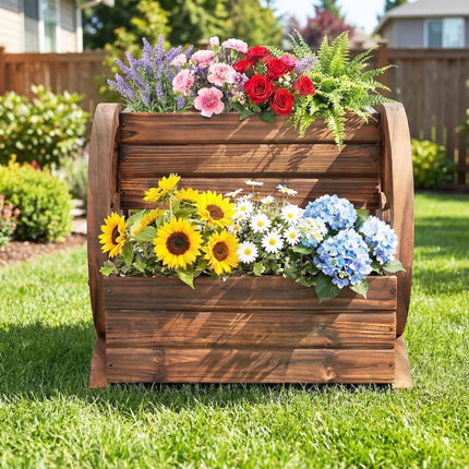 2-Tier Raised Garden Bed Rustic Wood Wagon Shape with Drainage Holes and Wheels-Coffee - Coffee - Raised Garden Beds