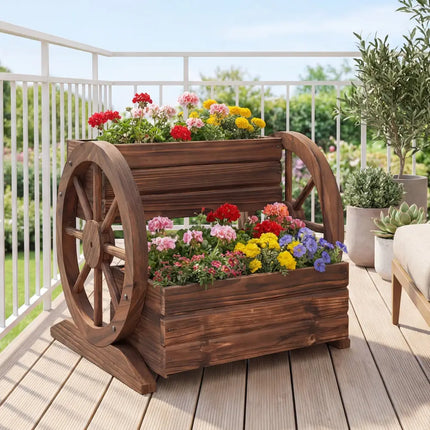 2-Tier Raised Garden Bed Rustic Wood Wagon Shape with Drainage Holes and Wheels-Coffee - Coffee - Raised Garden Beds