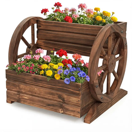 2-Tier Raised Garden Bed Rustic Wood Wagon Shape with Drainage Holes and Wheels-Coffee - Coffee - Raised Garden Beds
