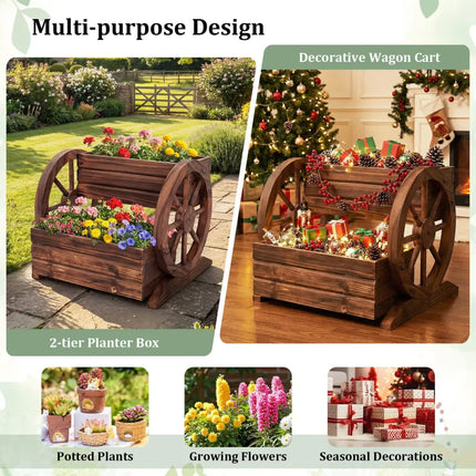 2-Tier Raised Garden Bed Rustic Wood Wagon Shape with Drainage Holes and Wheels-Coffee - Coffee - Raised Garden Beds