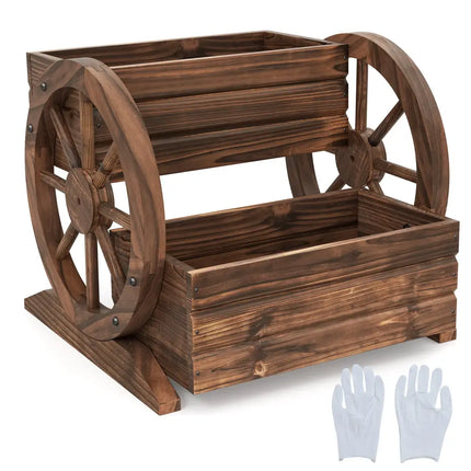 2-Tier Raised Garden Bed Rustic Wood Wagon Shape with Drainage Holes and Wheels-Coffee - Coffee - Raised Garden Beds