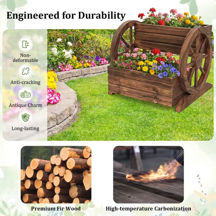2-Tier Raised Garden Bed Rustic Wood Wagon Shape with Drainage Holes and Wheels-Coffee - Coffee - Raised Garden Beds