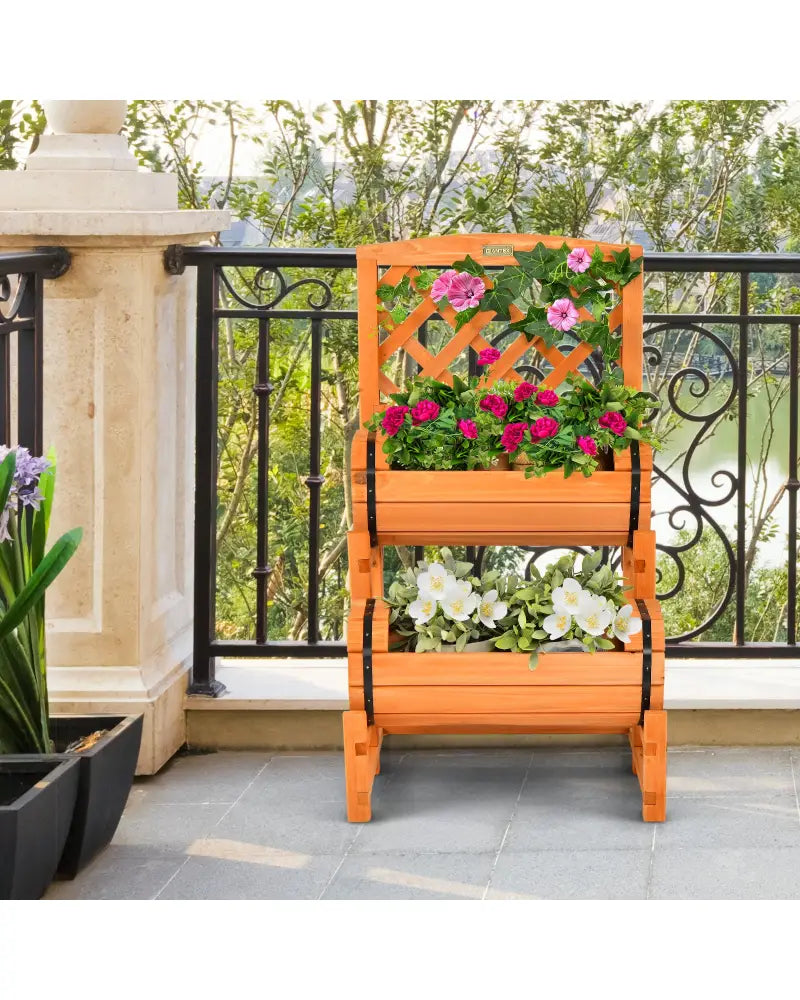 2-Tier Raised Garden Bed with 2 Cylindrical Planter Boxes and Trellis-Orange - Orange - Raised Garden Beds