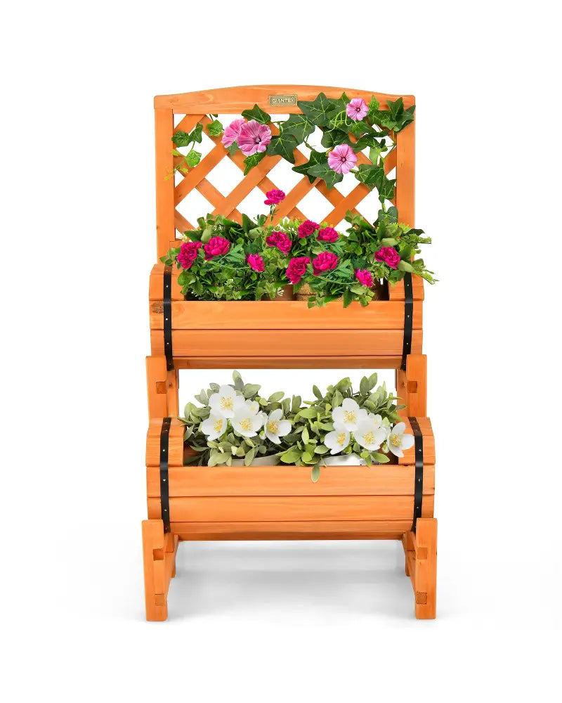 2-Tier Raised Garden Bed with 2 Cylindrical Planter Boxes and Trellis-Orange - Orange - Raised Garden Beds