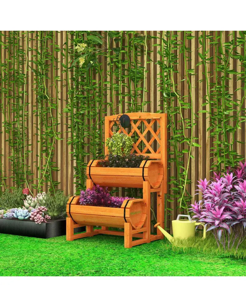 2-Tier Raised Garden Bed with 2 Cylindrical Planter Boxes and Trellis-Orange - Orange - Raised Garden Beds