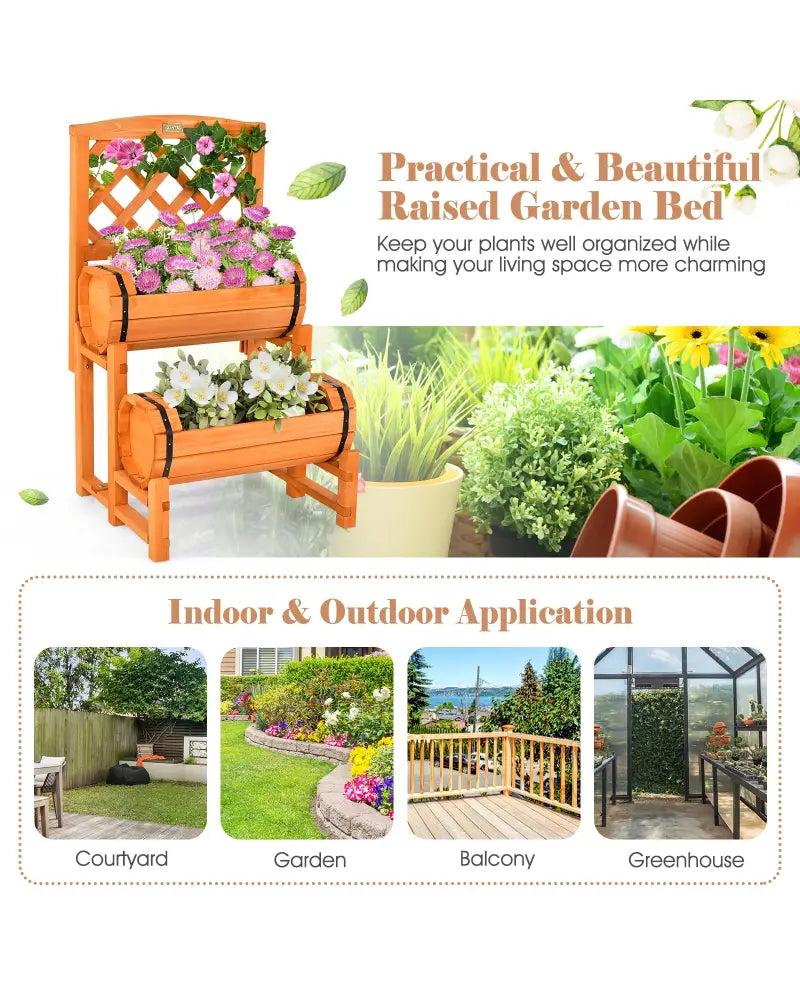 2-Tier Raised Garden Bed with 2 Cylindrical Planter Boxes and Trellis-Orange - Orange - Raised Garden Beds