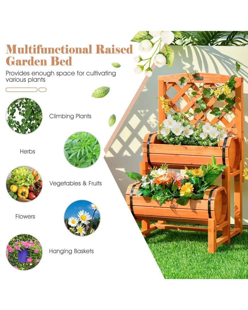 2-Tier Raised Garden Bed with 2 Cylindrical Planter Boxes and Trellis-Orange - Orange - Raised Garden Beds