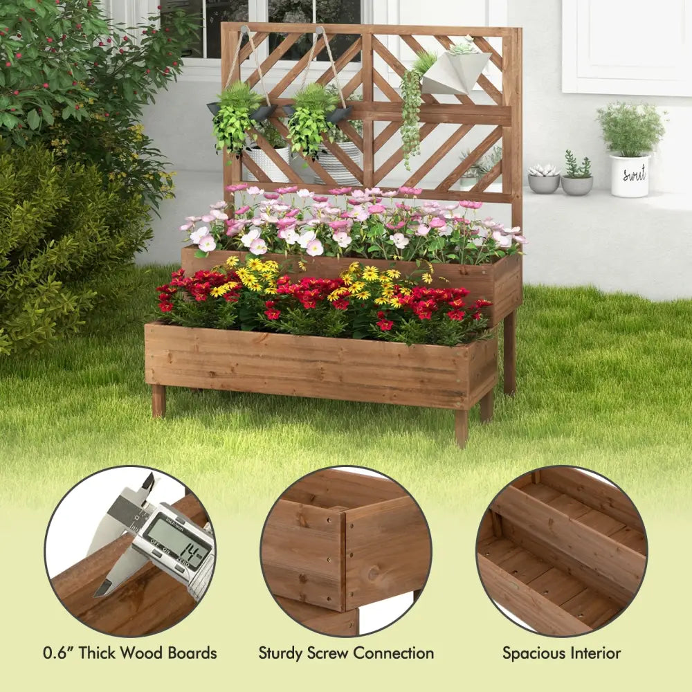 2-Tier Raised Garden Bed with Trellis-Brown - Brown - Raised Garden Beds