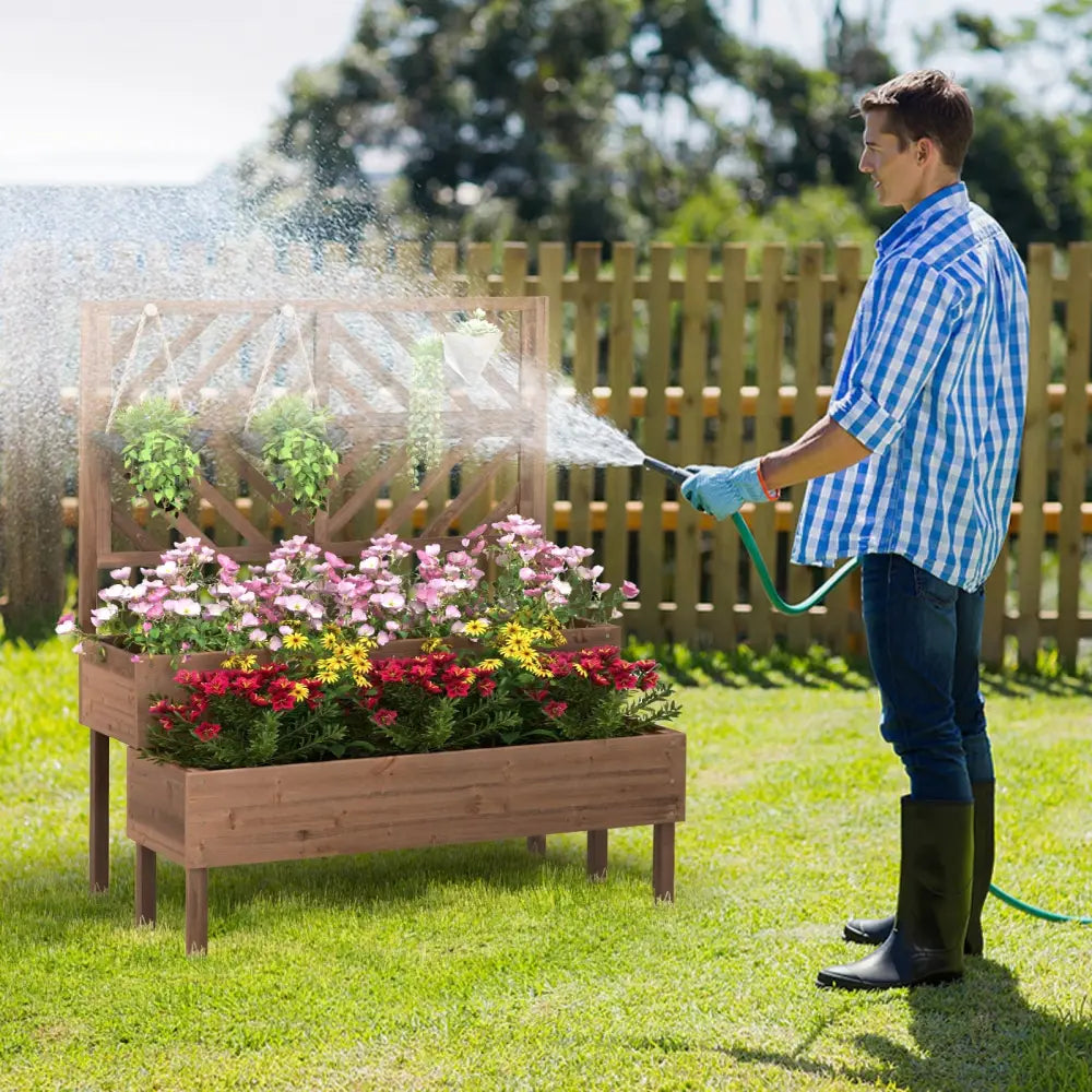 2-Tier Raised Garden Bed with Trellis-Brown - Brown - Raised Garden Beds