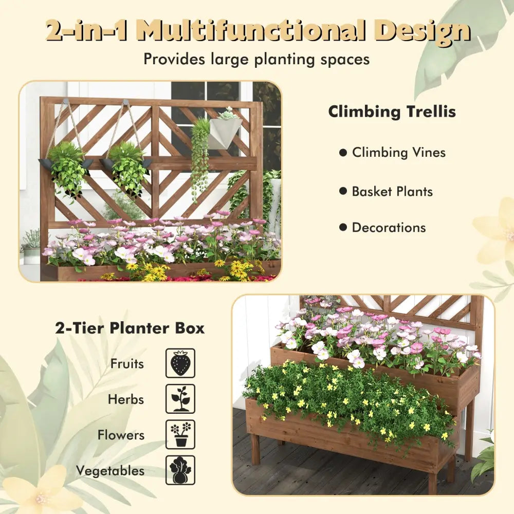 2-Tier Raised Garden Bed with Trellis-Brown - Brown - Raised Garden Beds