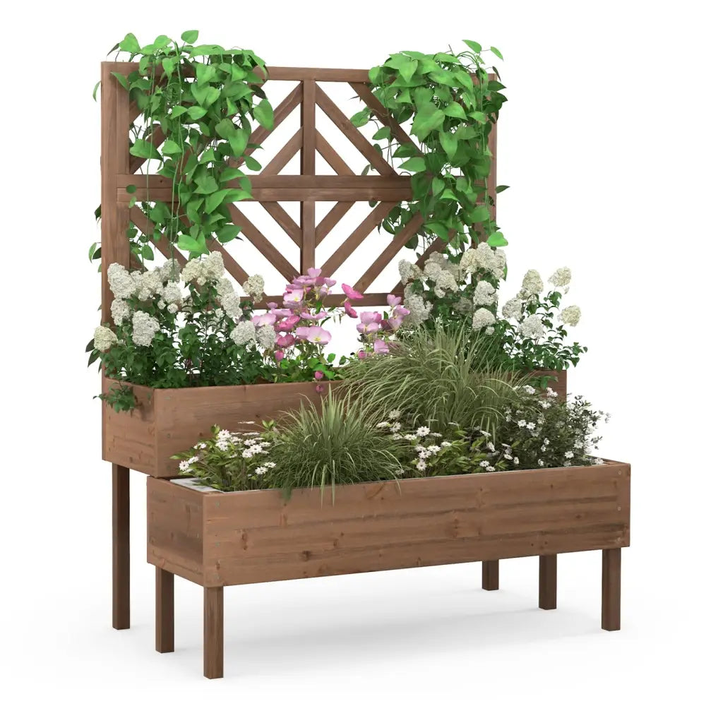 2-Tier Raised Garden Bed with Trellis-Brown - Brown - Raised Garden Beds