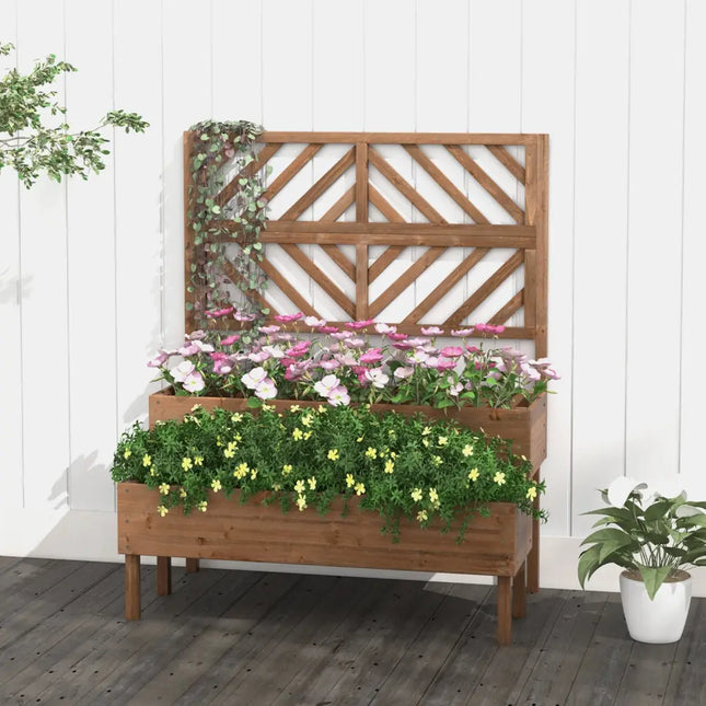 2-Tier Raised Garden Bed with Trellis-Brown - Brown - Raised Garden Beds
