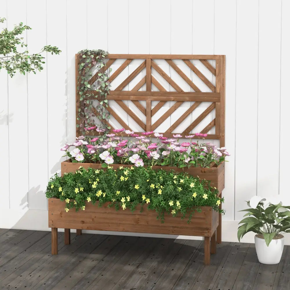 2-Tier Raised Garden Bed with Trellis-Brown - Brown - Raised Garden Beds
