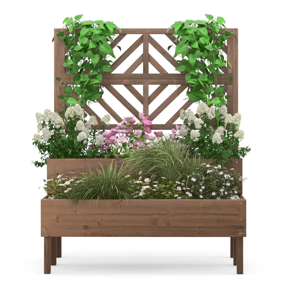 2-Tier Raised Garden Bed with Trellis-Brown - Brown - Raised Garden Beds