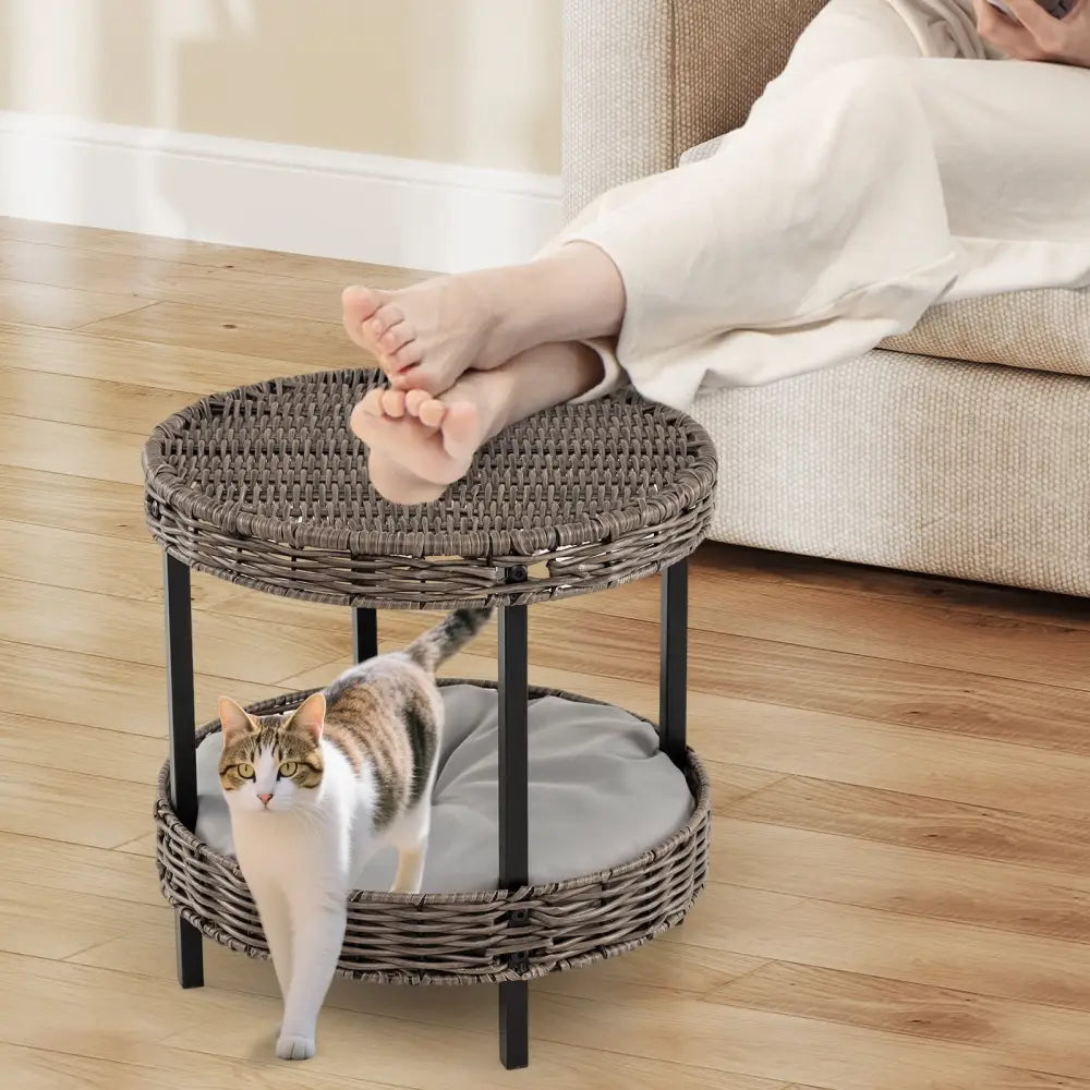 2-tier Rattan Cat Nest with Removable Padded Cushion-Gray - Gray - Cat Houses