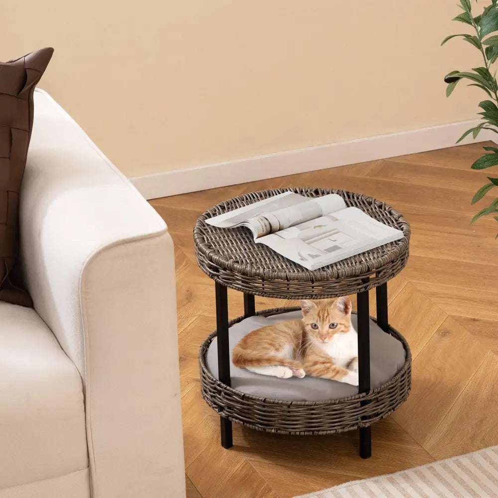 2-tier Rattan Cat Nest with Removable Padded Cushion-Gray - Gray - Cat Houses