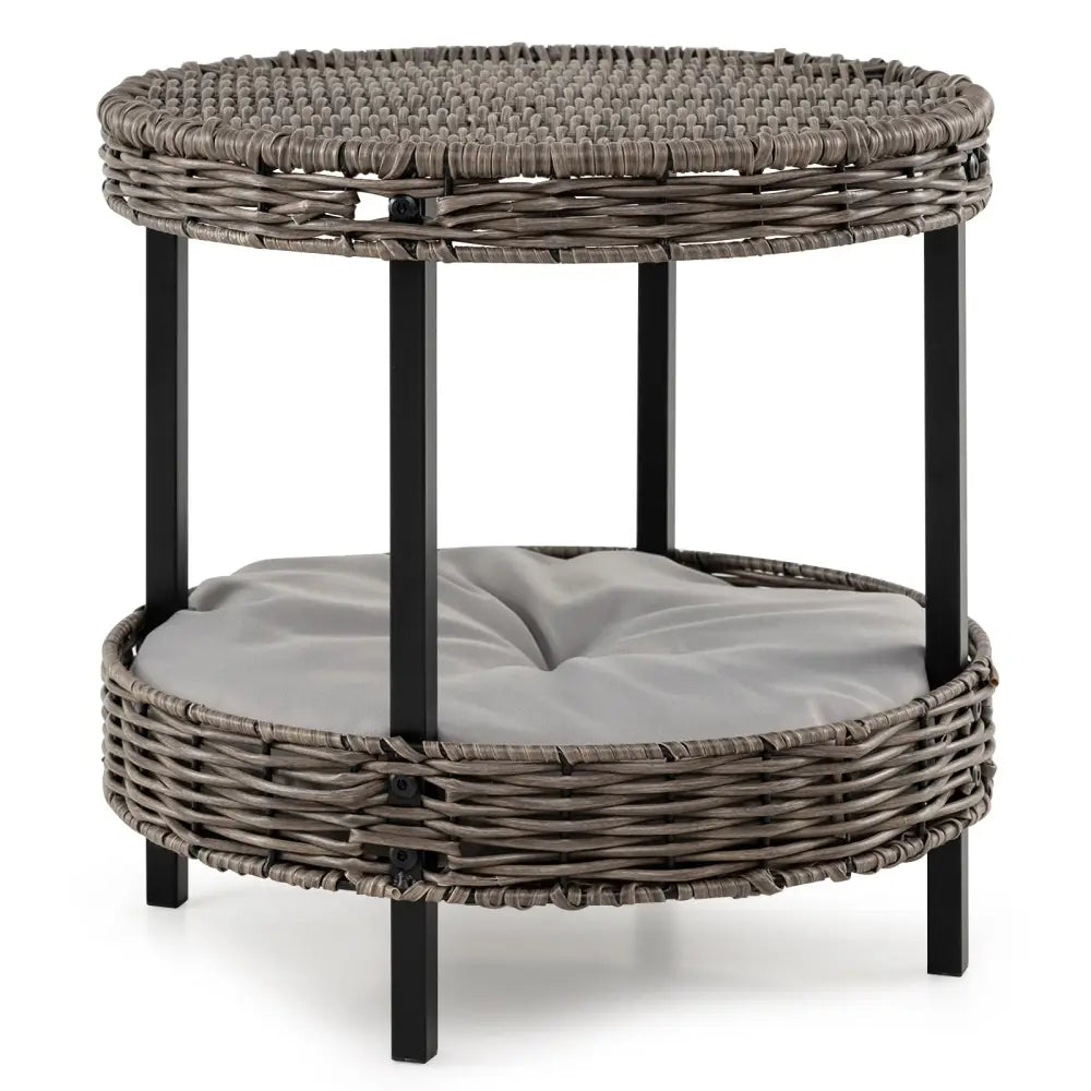 2-tier Rattan Cat Nest with Removable Padded Cushion-Gray - Gray - Cat Houses