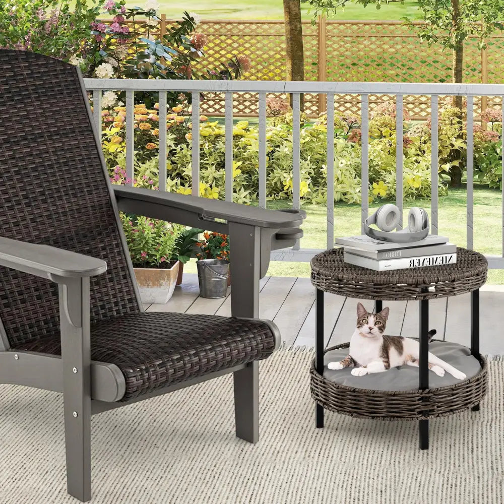 2-tier Rattan Cat Nest with Removable Padded Cushion-Gray - Gray - Cat Houses