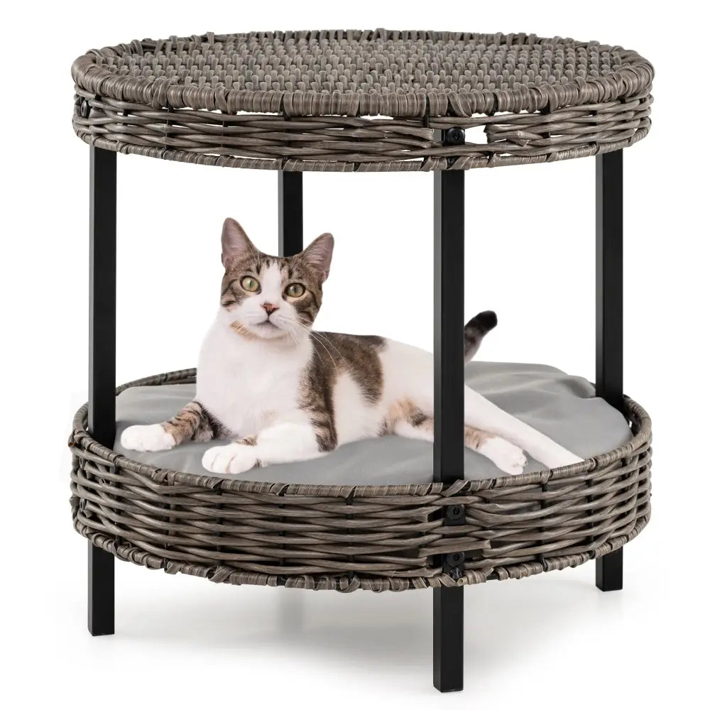 2-tier Rattan Cat Nest with Removable Padded Cushion-Gray - Gray - Cat Houses