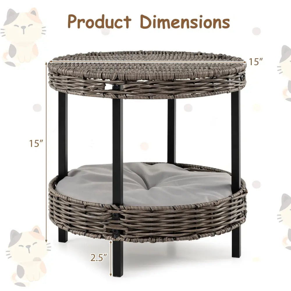 2-tier Rattan Cat Nest with Removable Padded Cushion-Gray - Gray - Cat Houses