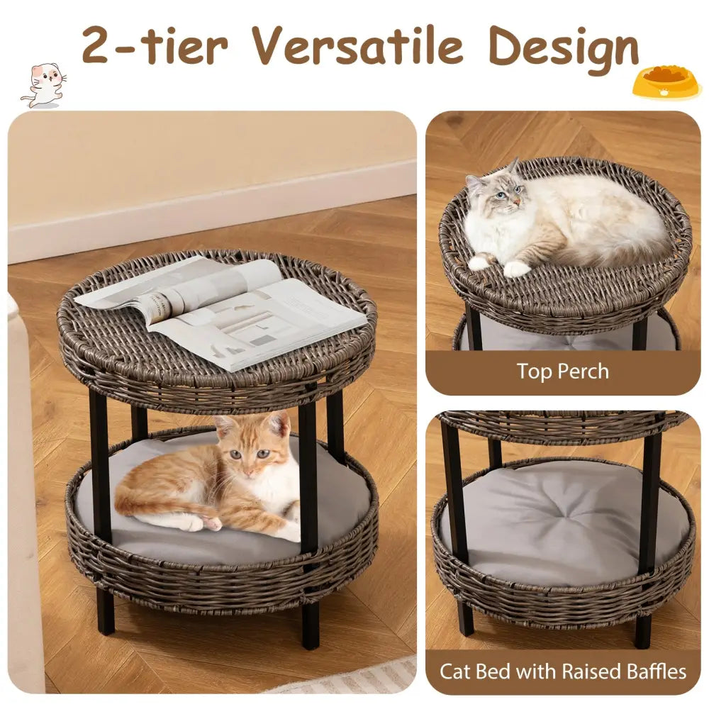 2-tier Rattan Cat Nest with Removable Padded Cushion-Gray - Gray - Cat Houses