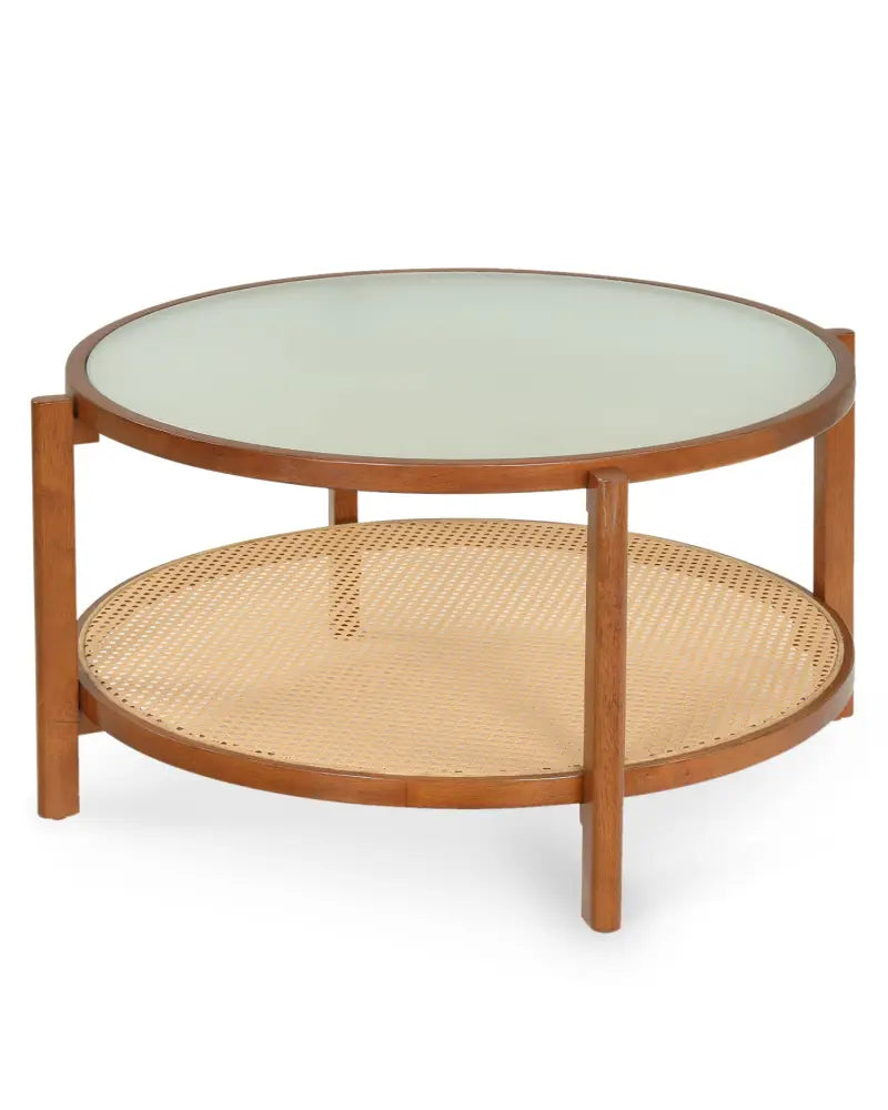 2-Tier Rattan Coffee Table with Frosted Tempered Glass Top and Wood Legs-Walnut - Walnut - Coffee Tables