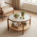 2-Tier Rattan Coffee Table with Frosted Tempered Glass Top and Wood Legs-Walnut - Walnut - Coffee Tables