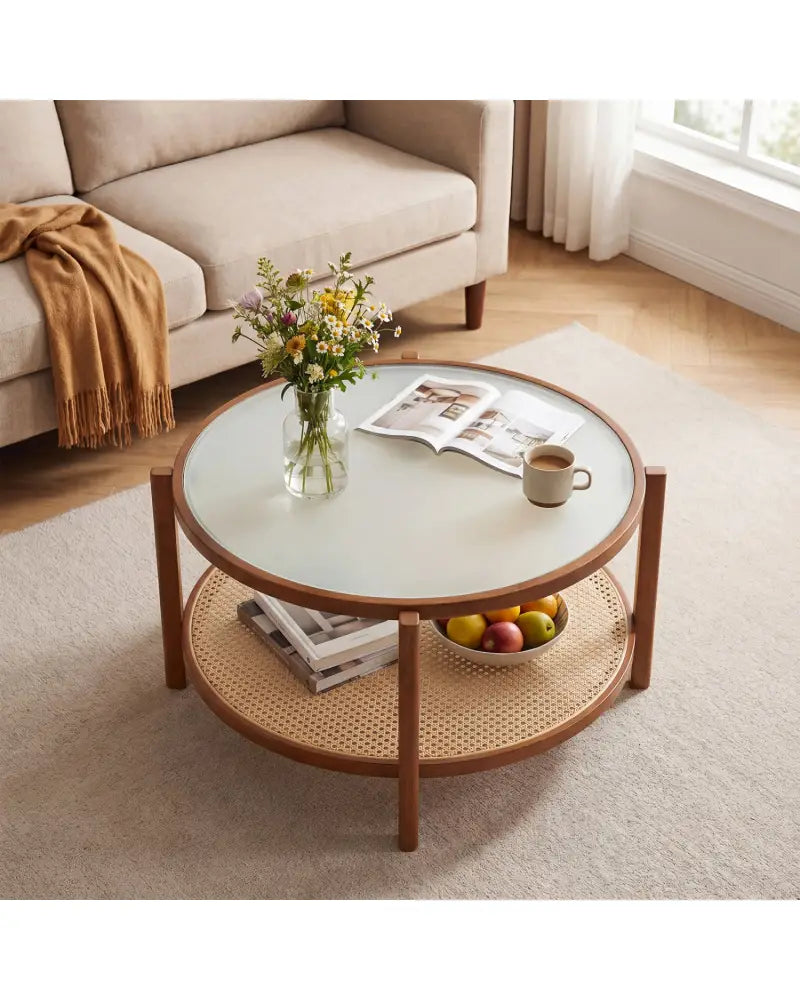 2-Tier Rattan Coffee Table with Frosted Tempered Glass Top and Wood Legs-Walnut - Walnut - Coffee Tables