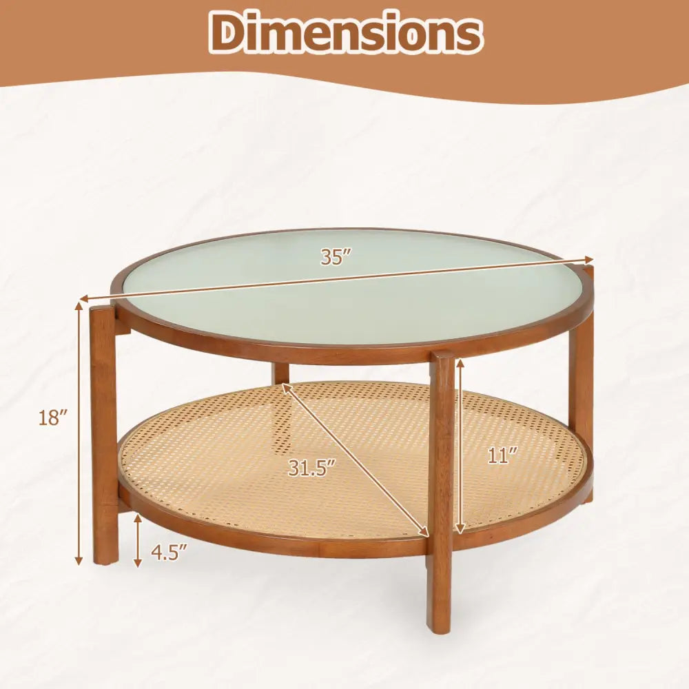2-Tier Rattan Coffee Table with Frosted Tempered Glass Top and Wood Legs-Walnut - Walnut - Coffee Tables