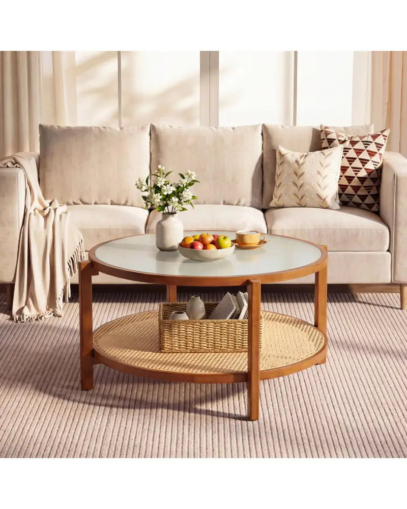 2-Tier Rattan Coffee Table with Frosted Tempered Glass Top and Wood Legs-Walnut - Walnut - Coffee Tables