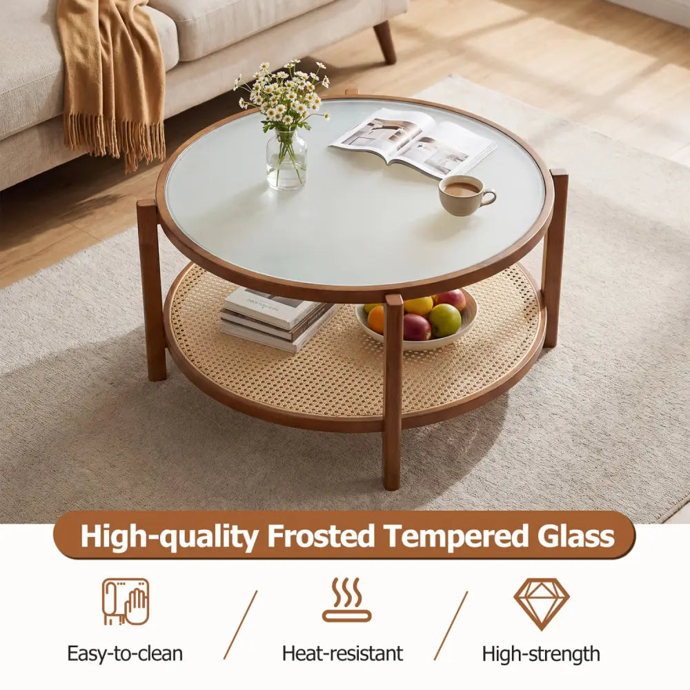 2-Tier Rattan Coffee Table with Frosted Tempered Glass Top and Wood Legs-Walnut - Walnut - Coffee Tables