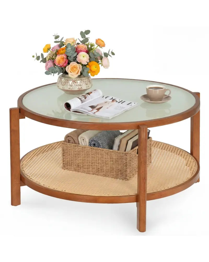 2-Tier Rattan Coffee Table with Frosted Tempered Glass Top and Wood Legs-Walnut - Walnut - Coffee Tables