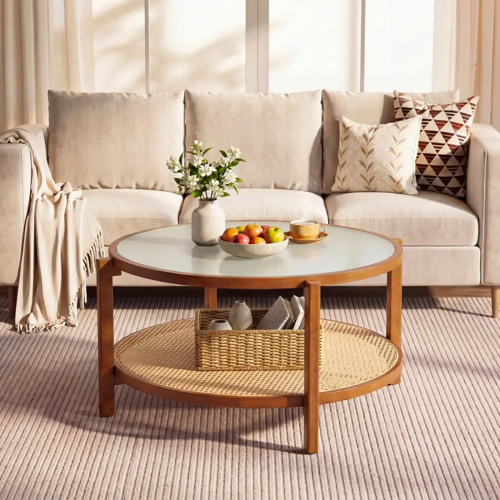 2-Tier Rattan Coffee Table with Frosted Tempered Glass Top and Wood Legs-Walnut - Walnut - Coffee Tables
